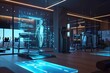Future and Innovation in sport and training. Ai hologram virtual trainer trains a real person in a modern fitness center