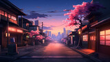 Fototapeta Londyn - view of the city at night time with anime lofi cartoon style