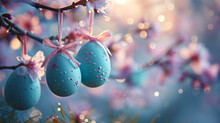Hanging Blue Easter Eggs With Pink Ribbons On A Spring Branch And Blurred Bokeh Background.