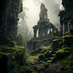 Wall Mural - Ancient ruins with moss-covered stones in a misty forest.