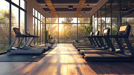 Poster - interior of a fitness room that full of running machines and exercising machines surrounding with glass window