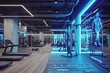 Future and Innovation in sport and training. Ai hologram virtual trainer trains a real person in a modern fitness center