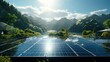 Solar panels harnessing sustainable energy in a serene mountainous landscape, reflecting the sun's power.