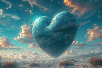 Poster - A surreal portrayal of a heart-shaped planet with rings like Saturn, set in a star-filled sky,