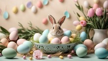 Bunny In A Plate With Easter Eggs