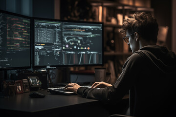 Side view of young man working on computer at night in dark office