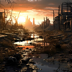 Wall Mural - Dystopian wasteland with abandoned buildings