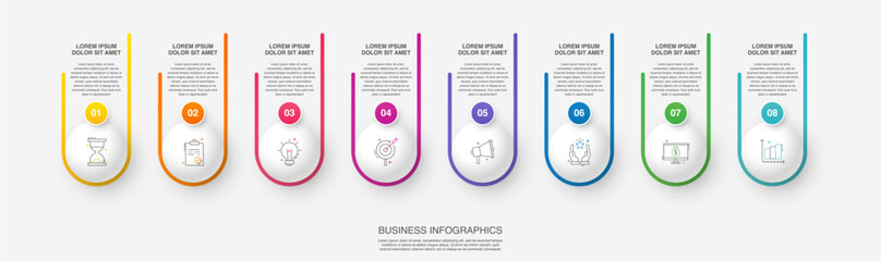 Modern infographics vector template. Cyclic infographic with 8 circles. Timeline design template with eight options, steps, and parts. Flat illustration for business.