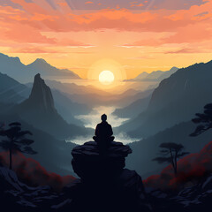 Wall Mural - Silhouette of a person meditating on a mountaintop