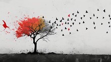 Mind's Activity: Lone Tree With Colorful Birds Collage

