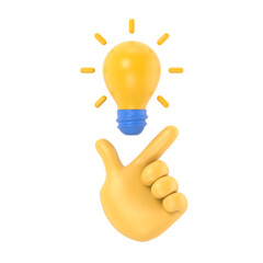 Pointing finger up on bulb as a symbol big idea. Having new creative idea. Problem solution metaphor.3d illustration flat design. Thinking processes. Hand gesture Like.Supports PNG files with transpar