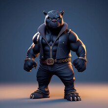 Toy Art Mixing A Black Panther With An American Bull Dog, With An Evil Face, Wearing A Large Necklace With A Jewel On The Neck, A Belt. 3D Rendering Design Illustration.