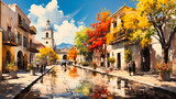 Fototapeta Uliczki - Spanish Village Delight: Charming European Street with Colorful Buildings, People, and Historic Atmosphere