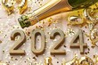 Celebrate new years with gold festive party background design champagne and wine for luxury golden light in holiday happy Christmas card greeting decoration number 2024 shining in black concept bottle