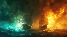 Hot Vs Cold, Two Pirates Ships Fight In Ocean , Fire And Smoke Soaring To The Sky, Rough Sea