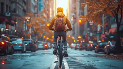 Cycling commuter. Young Caucasian man riding a bicycle on a road in a city street. Blurry urban background.