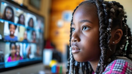 Poster - Little Girl With Braids Looking at Television During Distance Learning Generative AI
