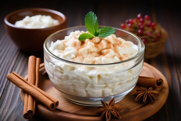 Wall Mural - delicious rice pudding with cinnamon sticks. ai generated