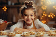 Girl kid, cookies and baking with portrait and bakery skill, learning and development with success and pride. Cookie, dessert and proud child baker cooking in kitchen with achievement and happiness 
