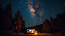 Camper Van Parked Under A Star-filled Sky In A Remote Forest Clearing, A Couple Sitting Outside By A Campfire, The Warm Glow Of Lights Inside The Van, The Milky Way Visible Above