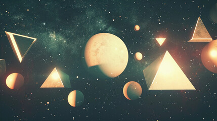 Wall Mural - geometric shapes arranged in a cosmic setting, squares, circles, and triangles appearing like celest
