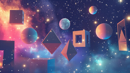 Wall Mural - geometric shapes arranged in a cosmic setting, squares, circles, and triangles appearing like celest