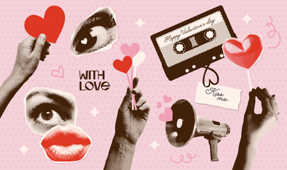 Wall Mural - Halftone retro collage elements set in trendy punk grunge style. Paper sticker collection with dotted hand, heart, eye, mouth, loudspeaker. Concept of relationship, love, romance, Valentines day.