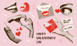 Valentine day Halftone torn out collage elements set with groovy heart shapes, eyes, hands, mouth. Gift, love letter, retro cellphone, lollipop. Trendy vintage collage vector illustration