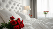 A Clean White Designed Bedroom With A Centerpiece Of A Red Rose Bouquet. Valentine's Day Background Wallpaper