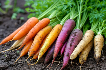 Fresh rainbow carrots picked from the ground garden.