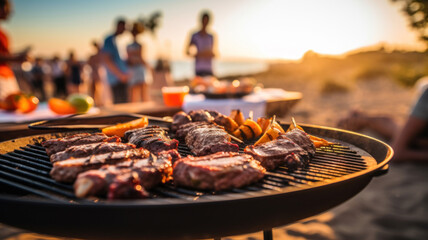 Barbecue party with people in the background, beach party, sea, grilled steak, grilled meat and vegetables, summer party, barbecue at the beach, people having fun, family and friends, bbq