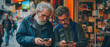 Two Senior Men Engrossed in Technology Amidst the Urban Rush: Bridging the Digital Divide