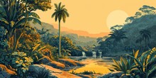 Prehistoric Landscape Background With Plants In The Style 50s Encyclopedia Vintage Illustration Created With Generative AI Technology