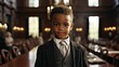 A poised young boy stands formally dressed in a suit and tie within the solemn atmosphere of a courtroom.generative ai
