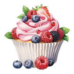 Wall Mural - Watercolor cupcake with pink cream and fresh berries isolated on white background.