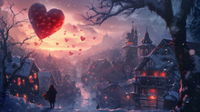 A Solitary Figure Braves The Winter Chill, Navigating Through The Snowy Streets Adorned With Frosty Trees, Their Heart Soaring With The Help Of A Vibrant Heart-shaped Balloon