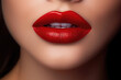 Close up view of beautiful woman lips with red lipstick. Cosmetology, drugstore or fashion makeup concept.