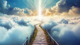 Fototapeta  - Concept of a path winding through the clouds, ending at a brilliant light in the distance. It symbolizes heaven, afterlife, a near-death experience, or simply the path to a goal and bright future