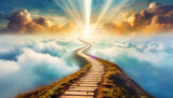 Fototapeta  - Concept of a path winding through the clouds, ending at a brilliant light in the distance. It symbolizes heaven, afterlife, a near-death experience, or simply the path to a goal and bright future
