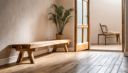 Wall Mural - Wooden rustic bench on parquet floor near beige wall with copy space against glass door. Scandinavian minimalist interior design of modern home entryway