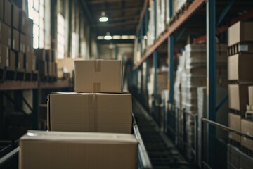 Warehouse Logistics: Cardboard Parcels on Conveyor Belt. 