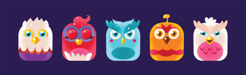 Poster - Funny Birds App Rounded Icon for Game Design Vector Set