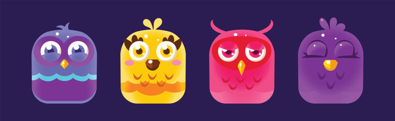 Poster - Funny Birds App Rounded Icon for Game Design Vector Set