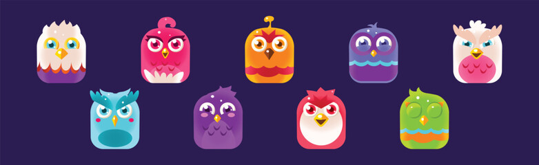 Poster - Funny Birds App Rounded Icon for Game Design Vector Set