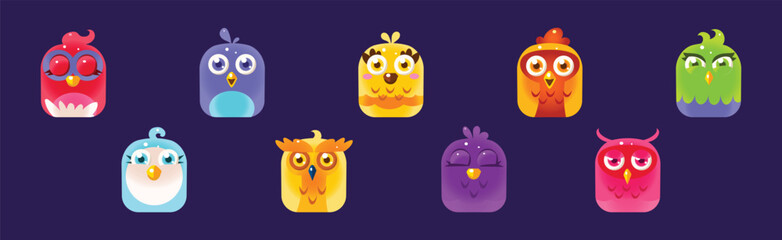 Poster - Funny Birds App Rounded Icon for Game Design Vector Set