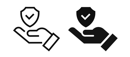 Wall Mural - insurance hand line and flat icon set. shield with checkmark on hand symbol. protection icon. vector