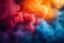 Clouds Of Bright, Multicolored Powder Floating In The Air, Forming An Abstract And Colorful Haze For The Holi, Festival