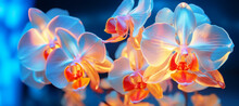 Close-up Of Orchid Flowers With Neon Lighting On A Dark Background