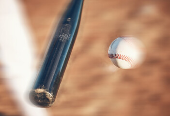 Softball, hit and closeup of field for training, sports and fitness, competition or outdoor exercise. Blur, ball and bat on a baseball background with power strike in action, speed or performance