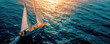 An aerial view of a sailboat cutting through the shimmering ocean waters, catching the golden light of the setting sun.